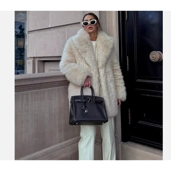 ZARA NEW WOMAN FAUX FUR COAT Fluffy Mid-length ECRU OFF-White XS M 6318/242 - Picture 14 of 17